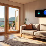 A cozy living room featuring a smart thermostat displaying an energy-saving setting, with sunlight streaming through the window, showcasing energy efficiency in a modern Turkish home.