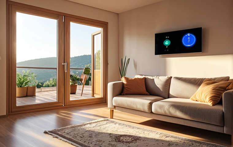 A cozy living room featuring a smart thermostat displaying an energy-saving setting, with sunlight streaming through the window, showcasing energy efficiency in a modern Turkish home.