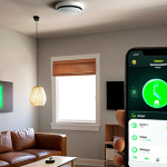 **

A modern living room scene. Show a smart smoke detector on the ceiling, subtly glowing with a green light. A smartphone displays an app interface with fire safety data and a notification. Focus on a sense of safety and technology integration.

**