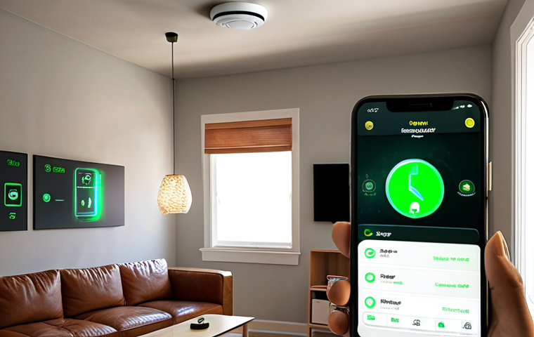 **
A modern living room scene. Show a smart smoke detector on the ceiling, subtly glowing with a green light. A smartphone displays an app interface with fire safety data and a notification. Focus on a sense of safety and technology integration.
**