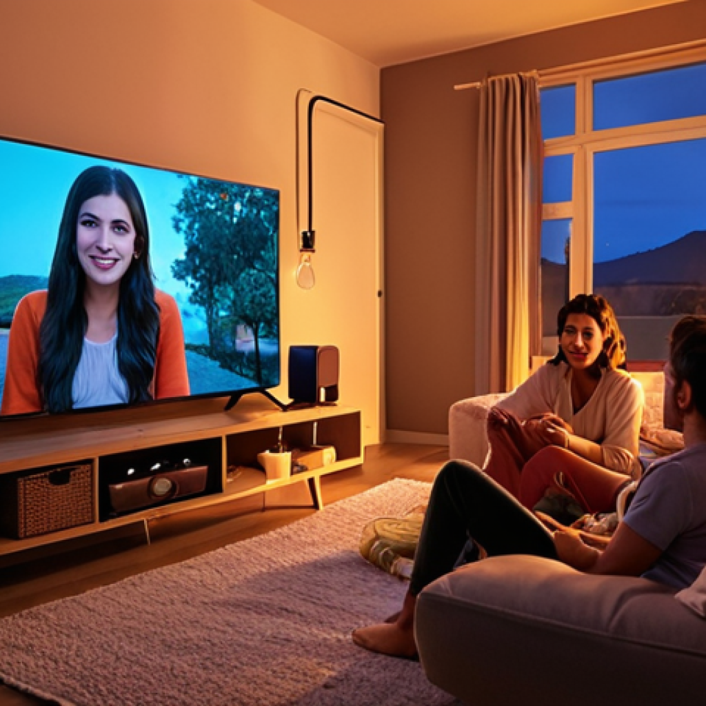 **

A cozy Turkish living room scene at dusk, illuminated by warm, dimmable smart lighting. Focus on the soft glow emanating from a Philips Hue lamp in the corner, highlighting the comfortable atmosphere. A family is enjoying a movie night, with the smart lights creating a perfect ambiance. Use "akıllı aydınlatma" as a keyword.
 
**